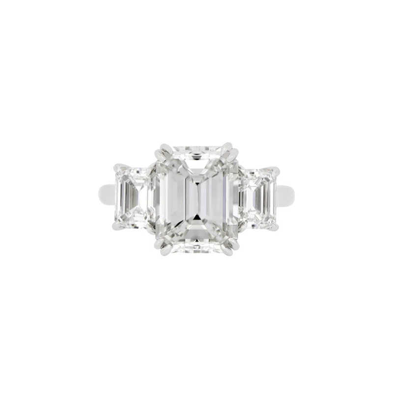 Platinum, 4.02ct Emerald Cut Diamond and Diamond Three Stone Engagement Ring 