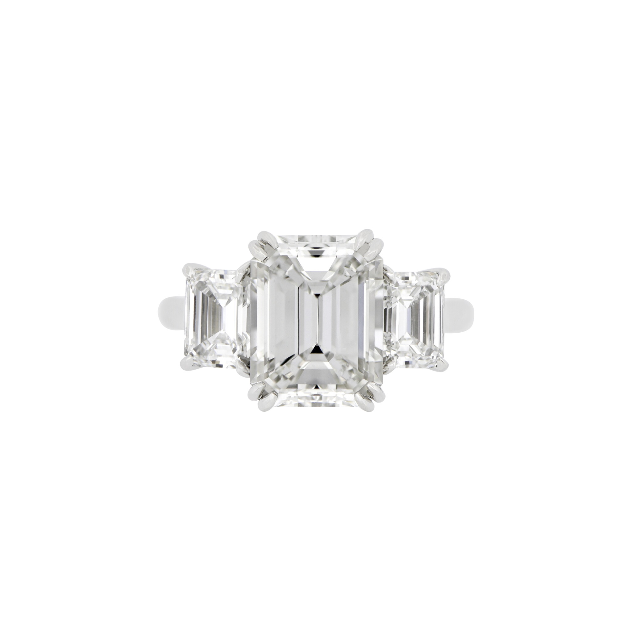 Platinum, 4.02ct Emerald Cut Diamond and Diamond Three Stone Engagement Ring  — view 1