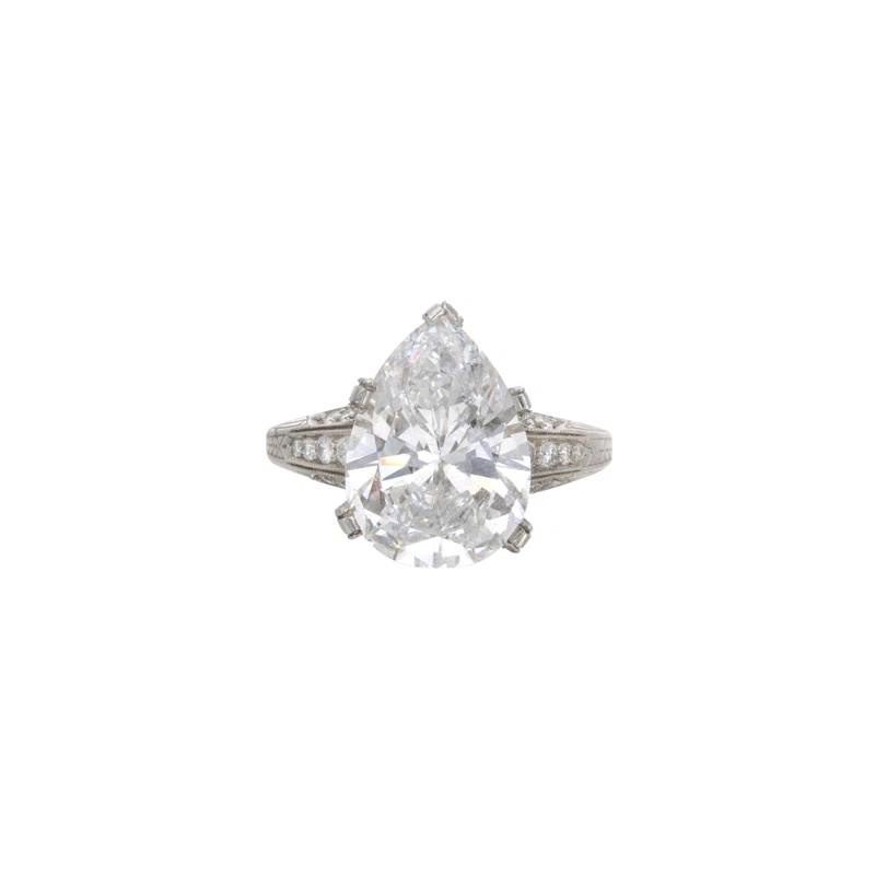 Platinum, 4.97ct Pear Shape Diamond and Diamond Engagement Ring