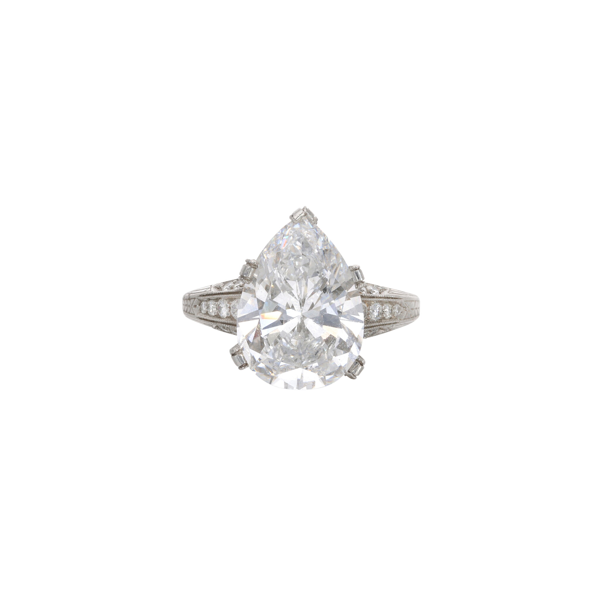 Platinum, 4.97ct Pear Shape Diamond and Diamond Engagement Ring — view 1
