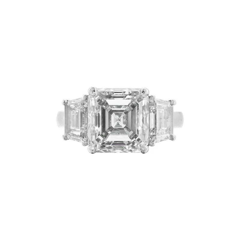 Platinum, 5.01ct Asscher Cut Diamond and Diamond Engagement Ring