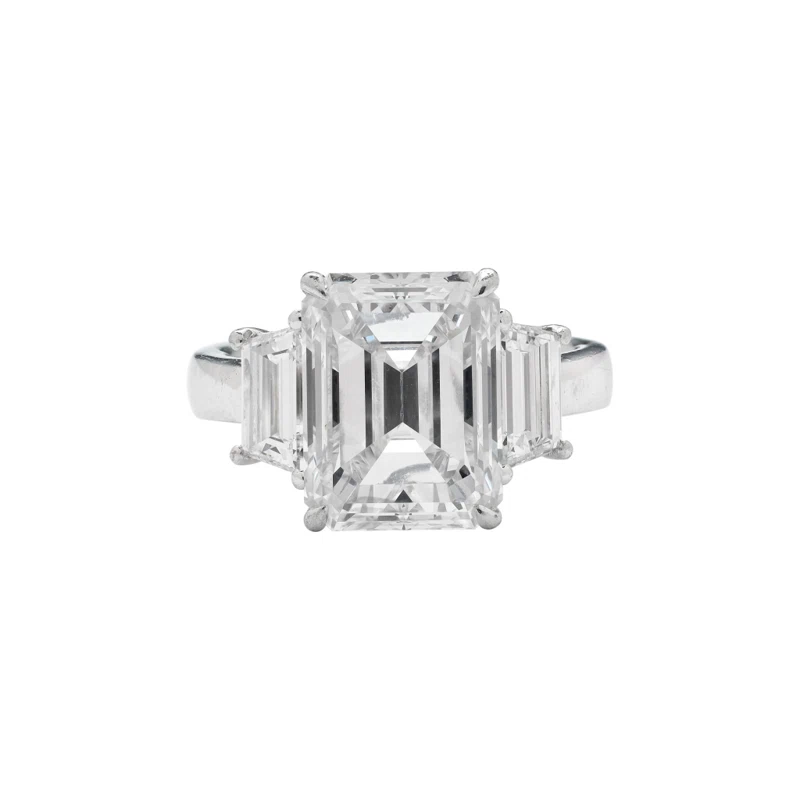 Platinum, 5.02ct Emerald Cut Diamond and Diamond Engagement Ring