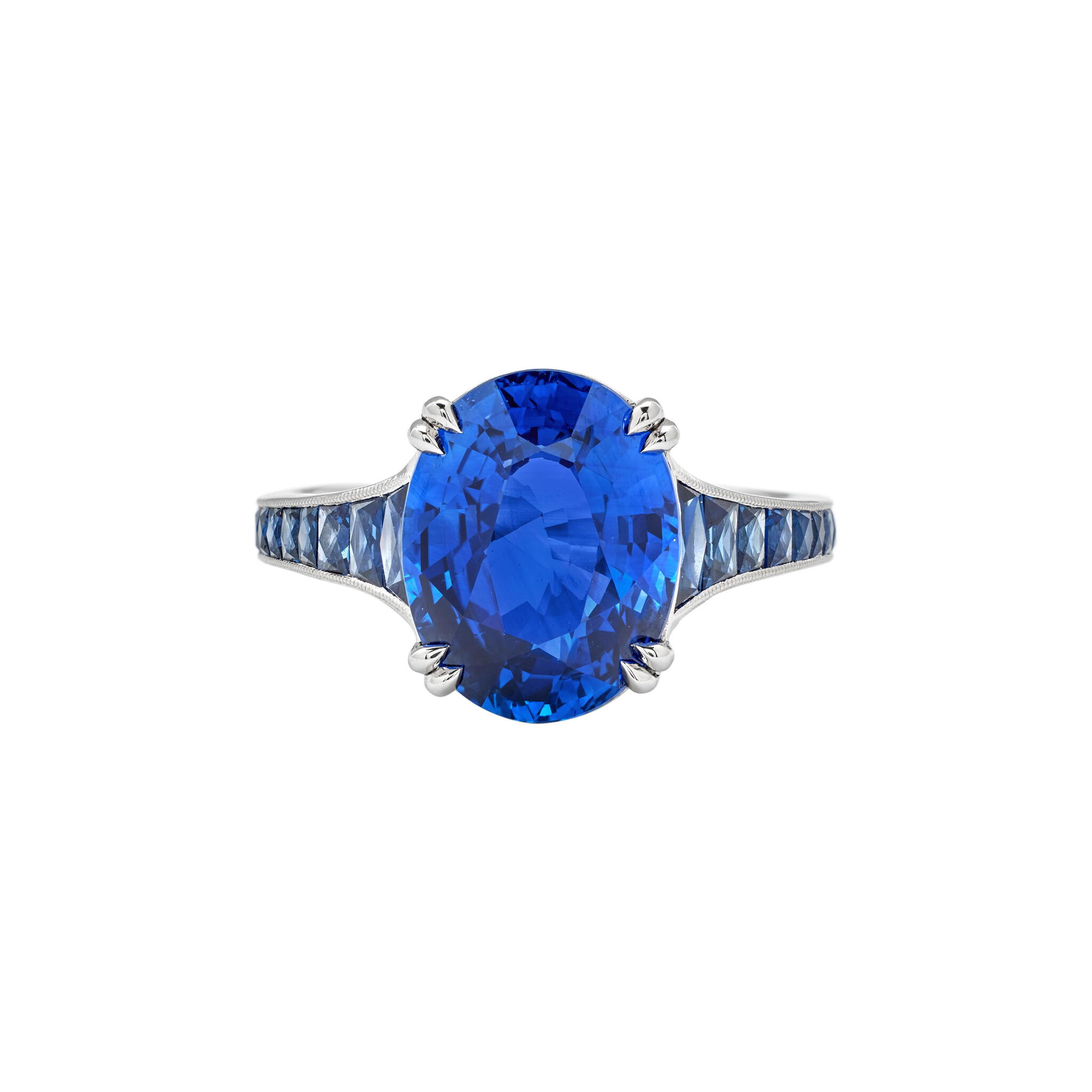 Platinum, 5.05ct Ceylon Sapphire, Sapphire and Diamond Ring — view 1