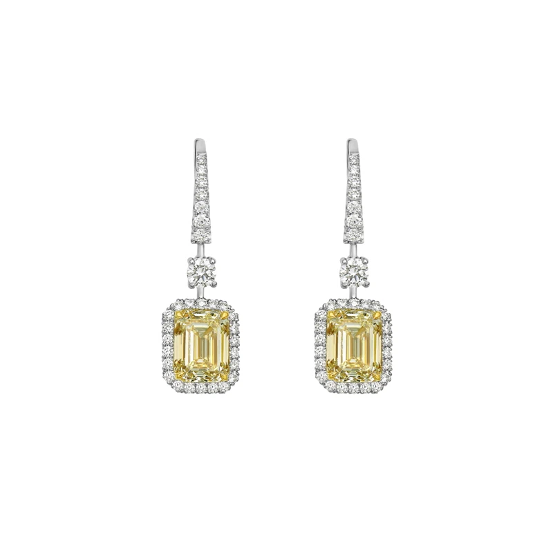 Platinum, 6.10ct Emerald Cut Yellow Diamond and Diamond Drop Earrings