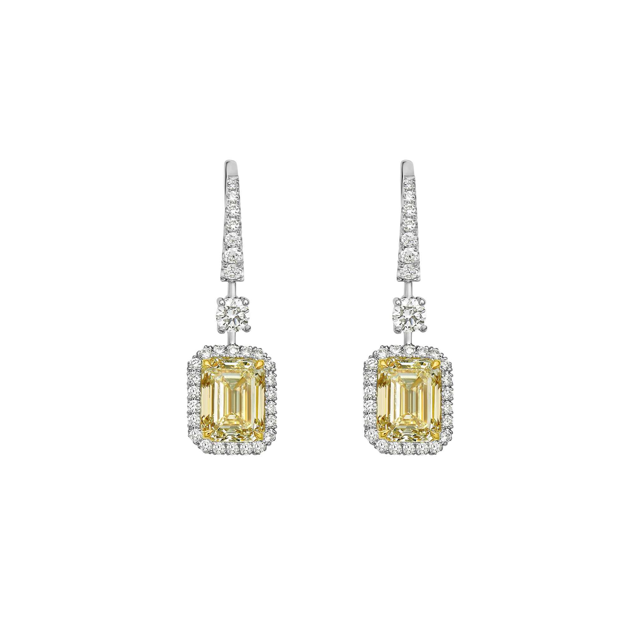 Platinum, 6.10ct Emerald Cut Yellow Diamond and Diamond Drop Earrings — view 1
