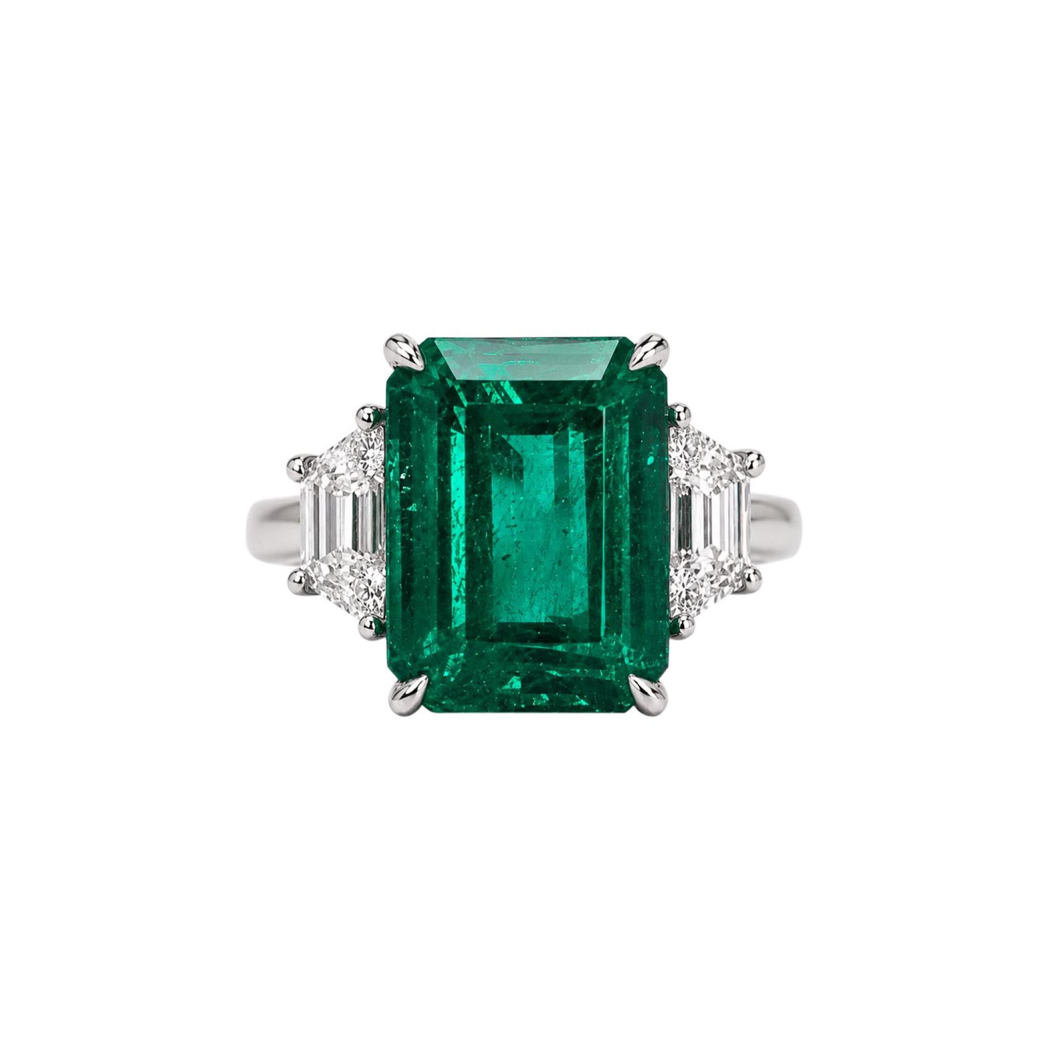 Platinum, 6.12ct Zambian Emerald and Diamond Ring — view 1