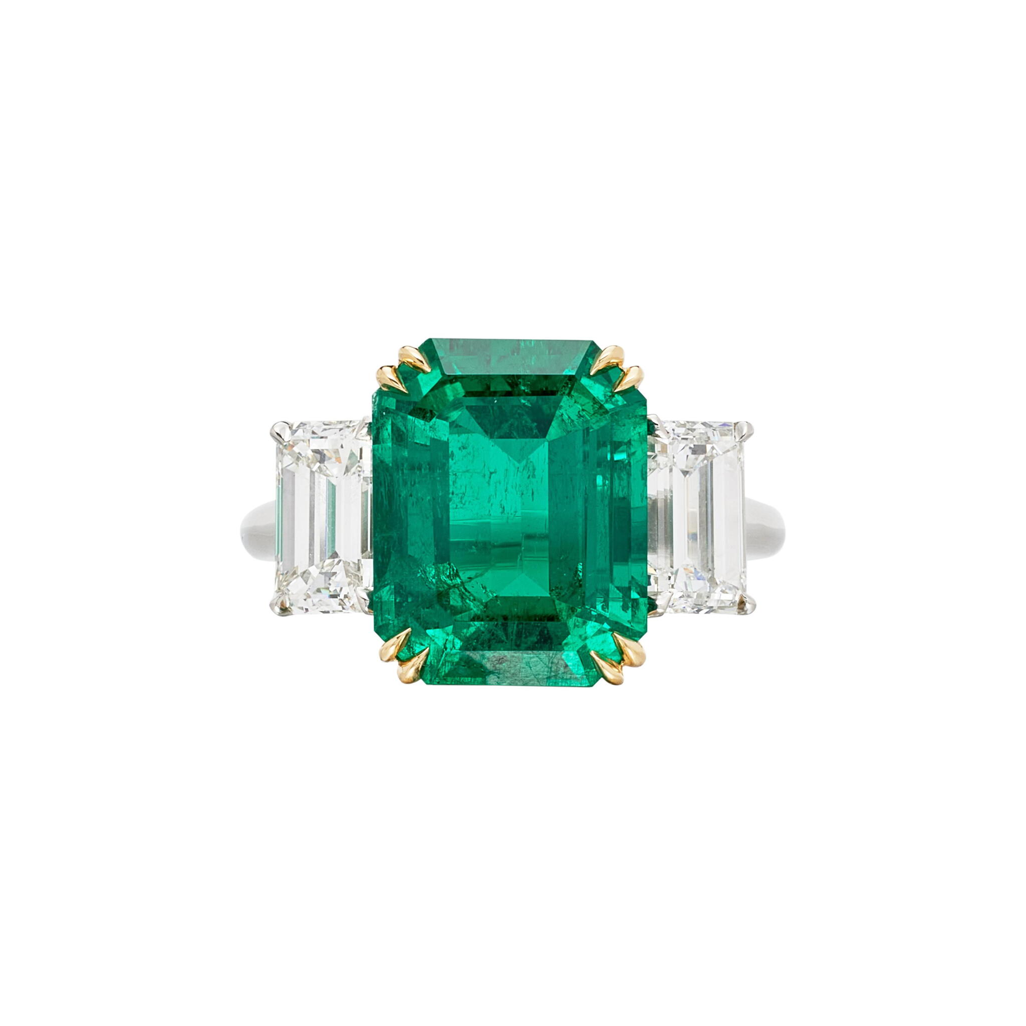 Platinum, Gold, 6.41ct Colombian Emerald and Diamond Ring — view 1