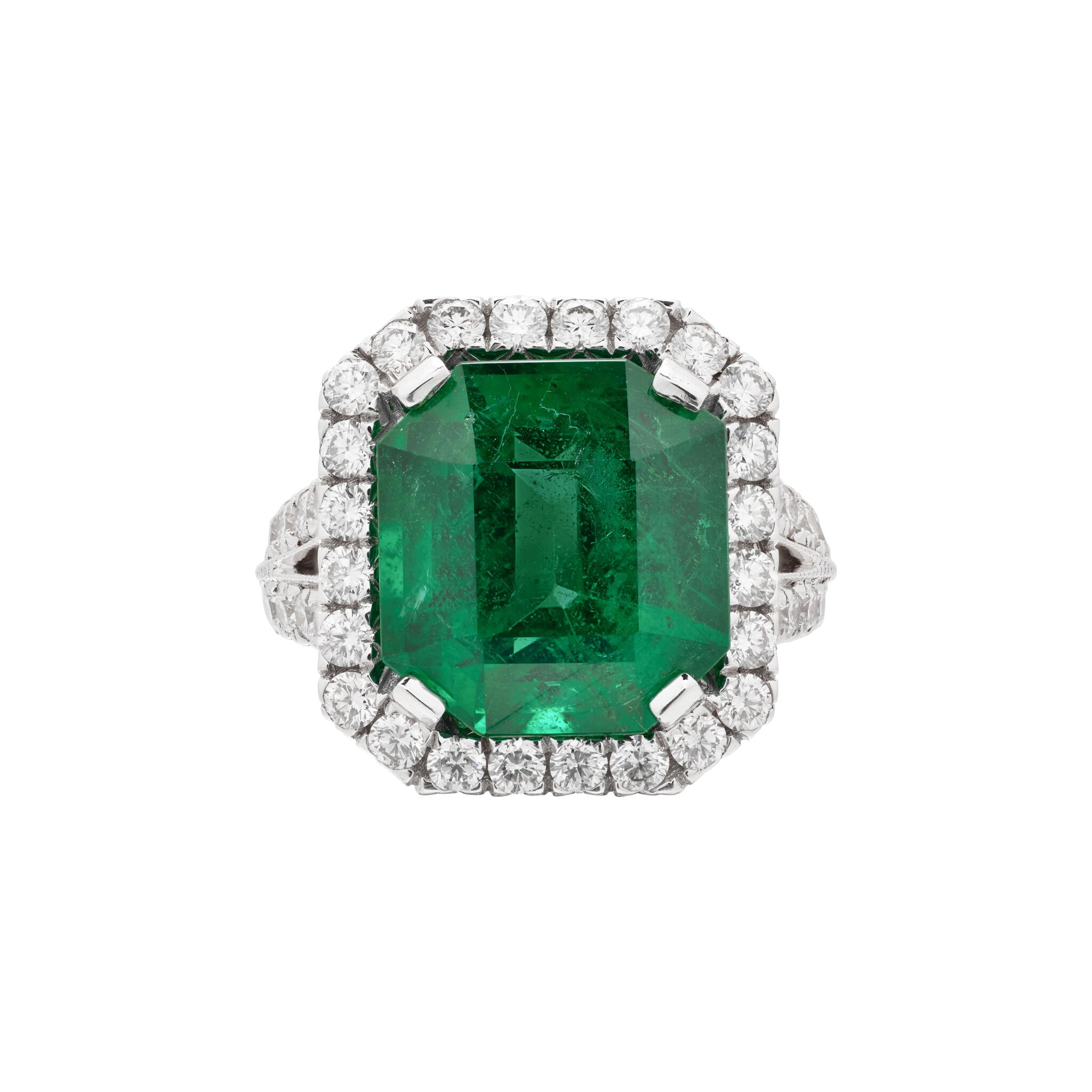 Platinum, 6.53ct Zambian Emerald and Diamond Ring — view 1