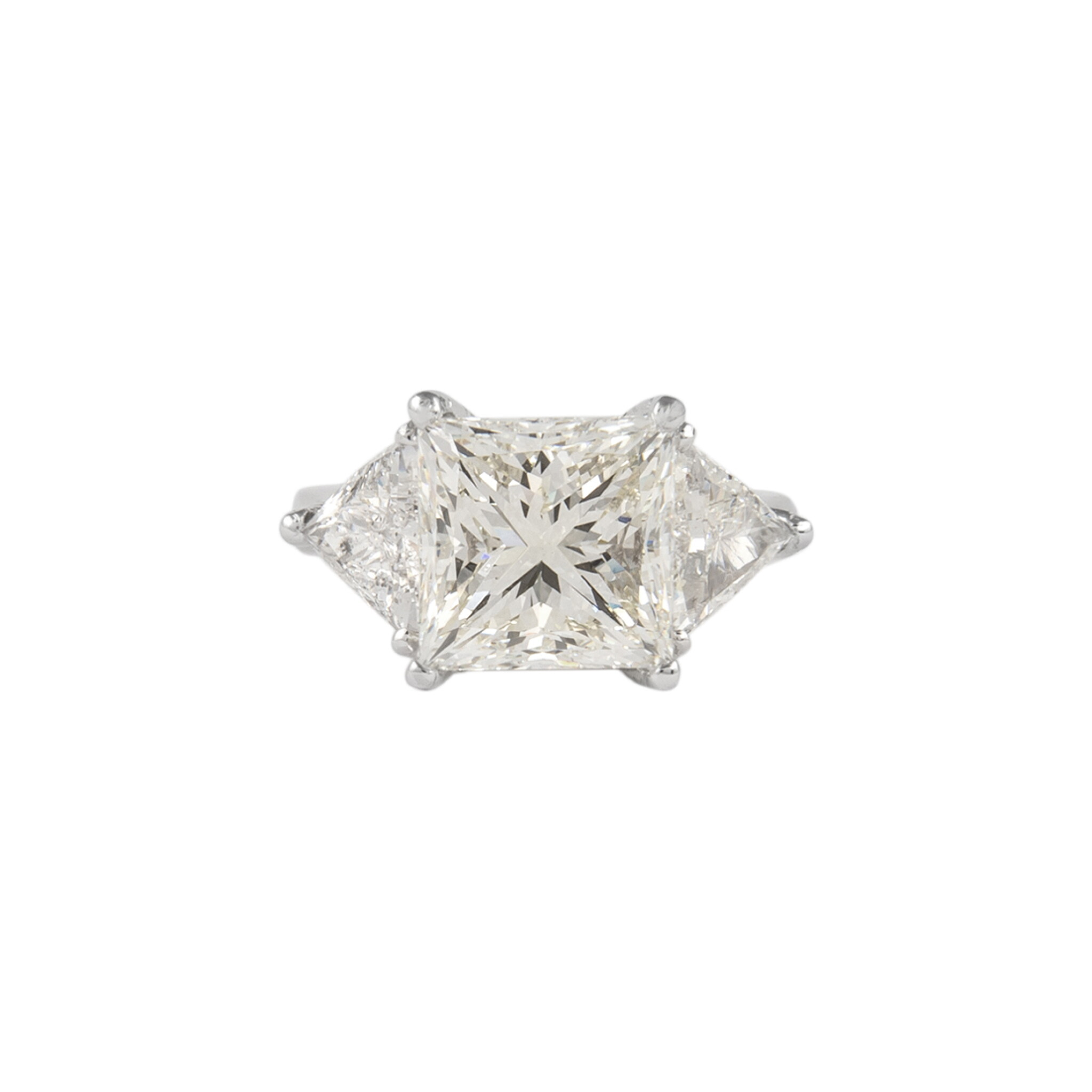 Platinum, 6.05ct Princess Cut Diamond and Diamond Three Stone Ring — view 1