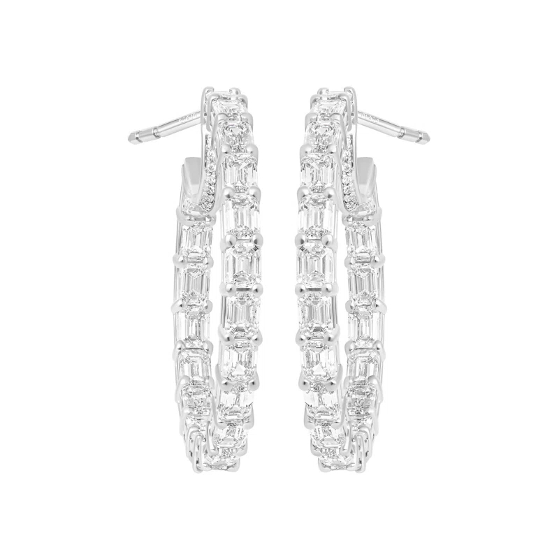 Platinum, 7.00ctw Emerald Cut Diamond and Diamond Hoop Earrings