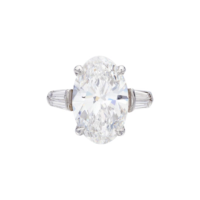 Platinum, 7.20ct Oval Cut Diamond and Diamond Engagement Ring