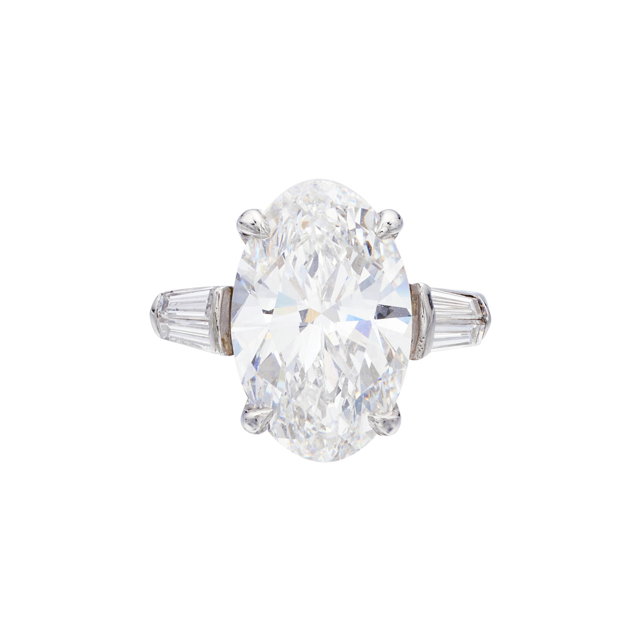 Platinum, 7.20ct Oval Cut Diamond and Diamond Engagement Ring — view 1