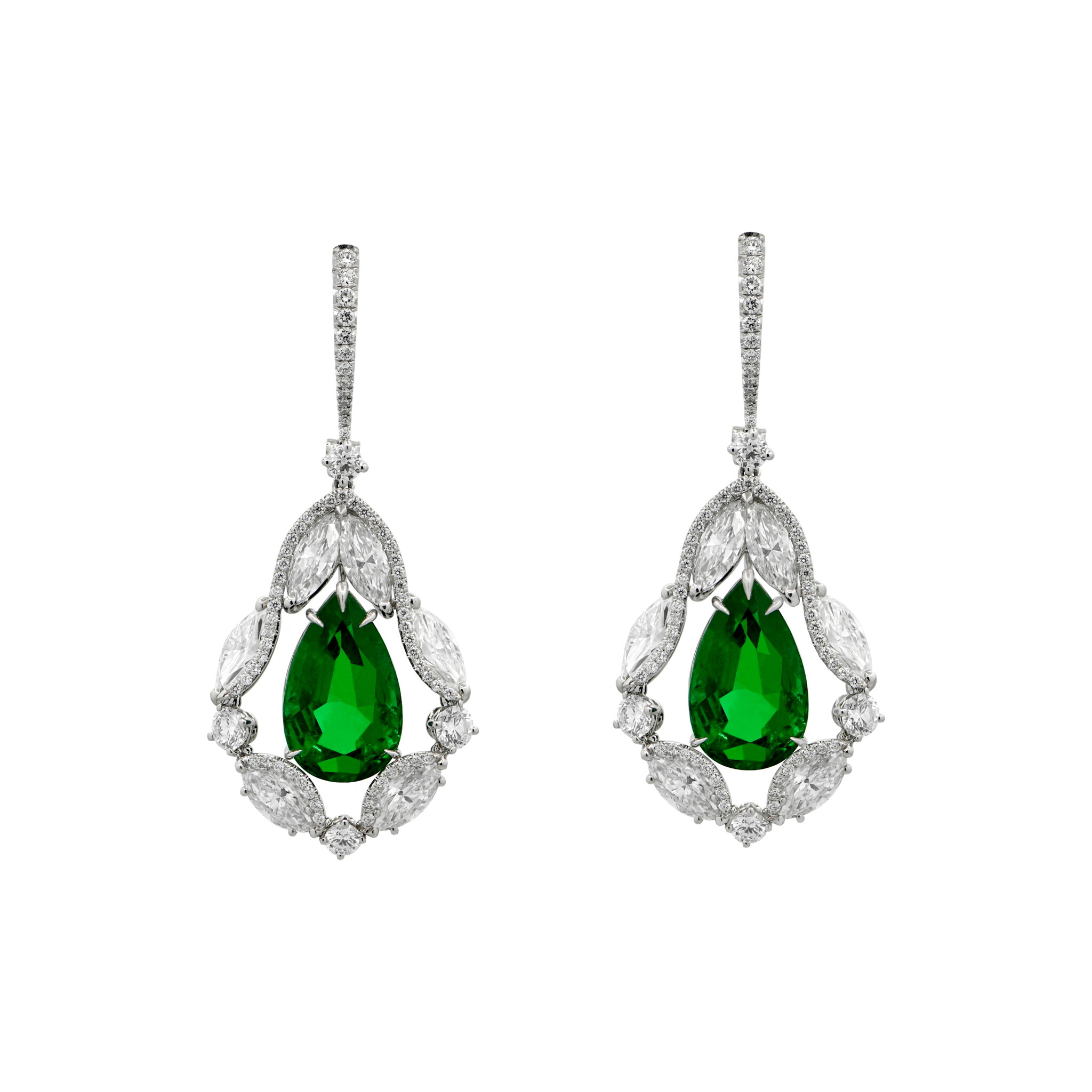 Platinum, 7.93ctw Zambian Emerald and Diamond Earrings — view 1