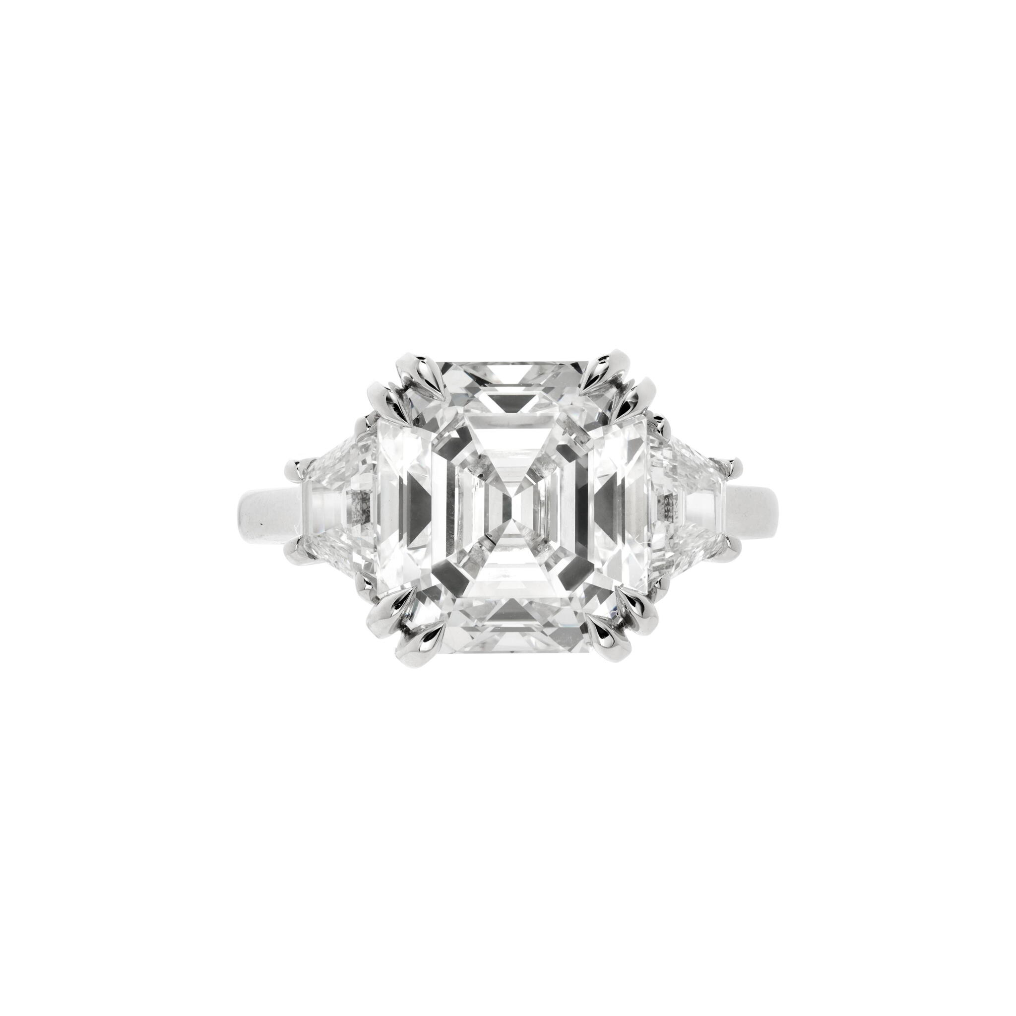 Platinum and 5.67ct Asscher Cut Diamond Three Stone Engagement Ring — view 1