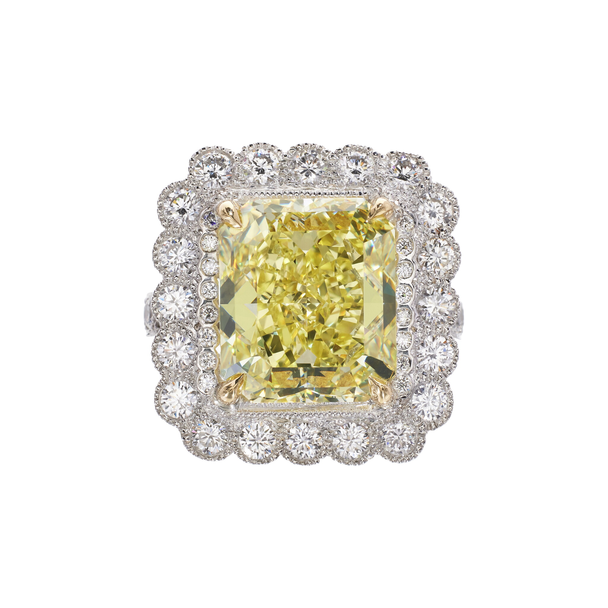 Platinum and 7.58ct Radiant Cut Fancy Intense Yellow Diamond Engagement Ring — view 1