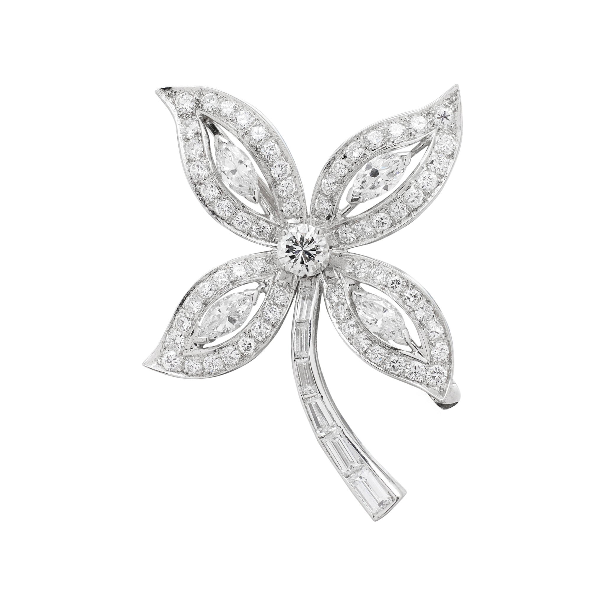 Platinum and Diamond Floral Brooch — view 1