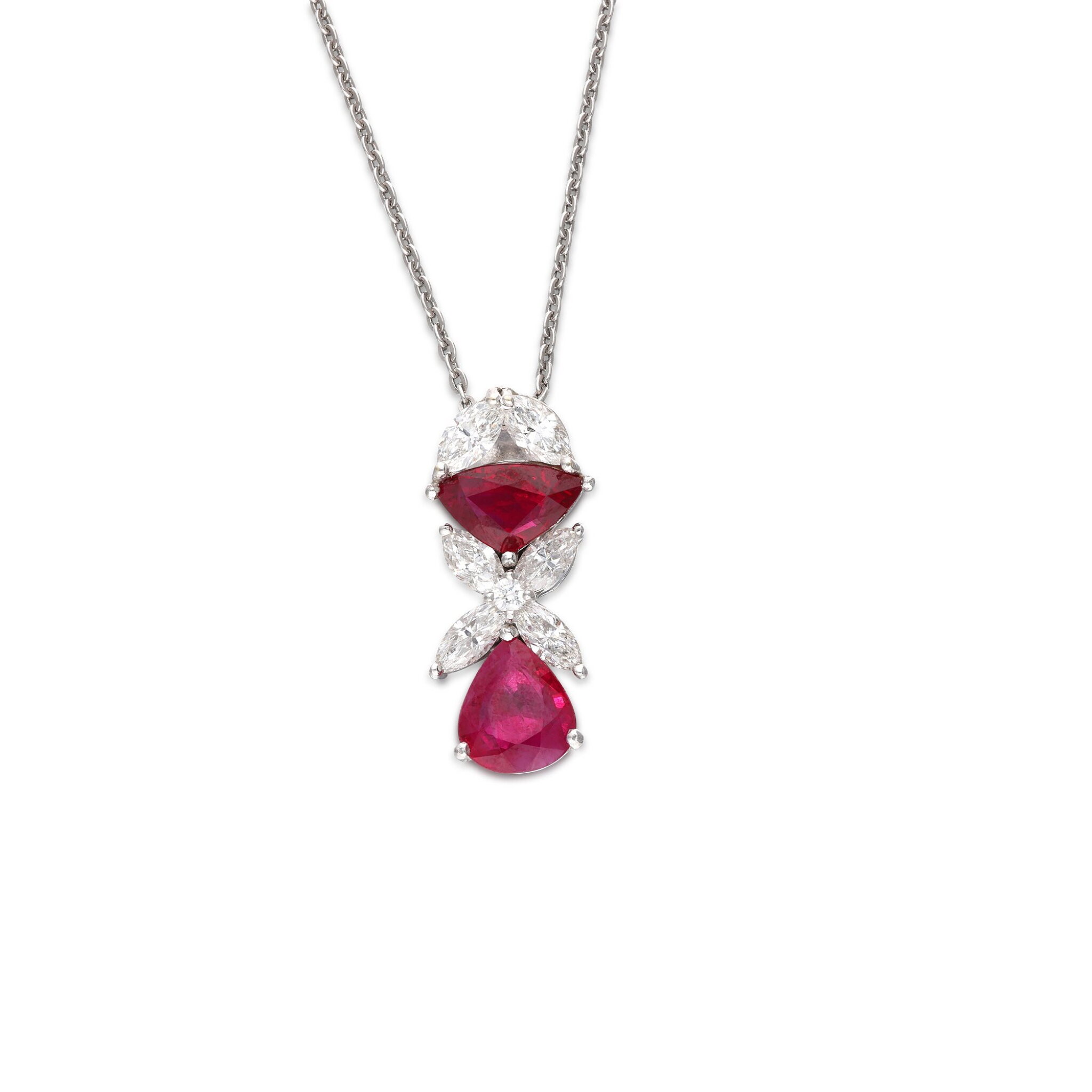 Platinum, Burmese Ruby and Diamond Pendant Necklace — view 1