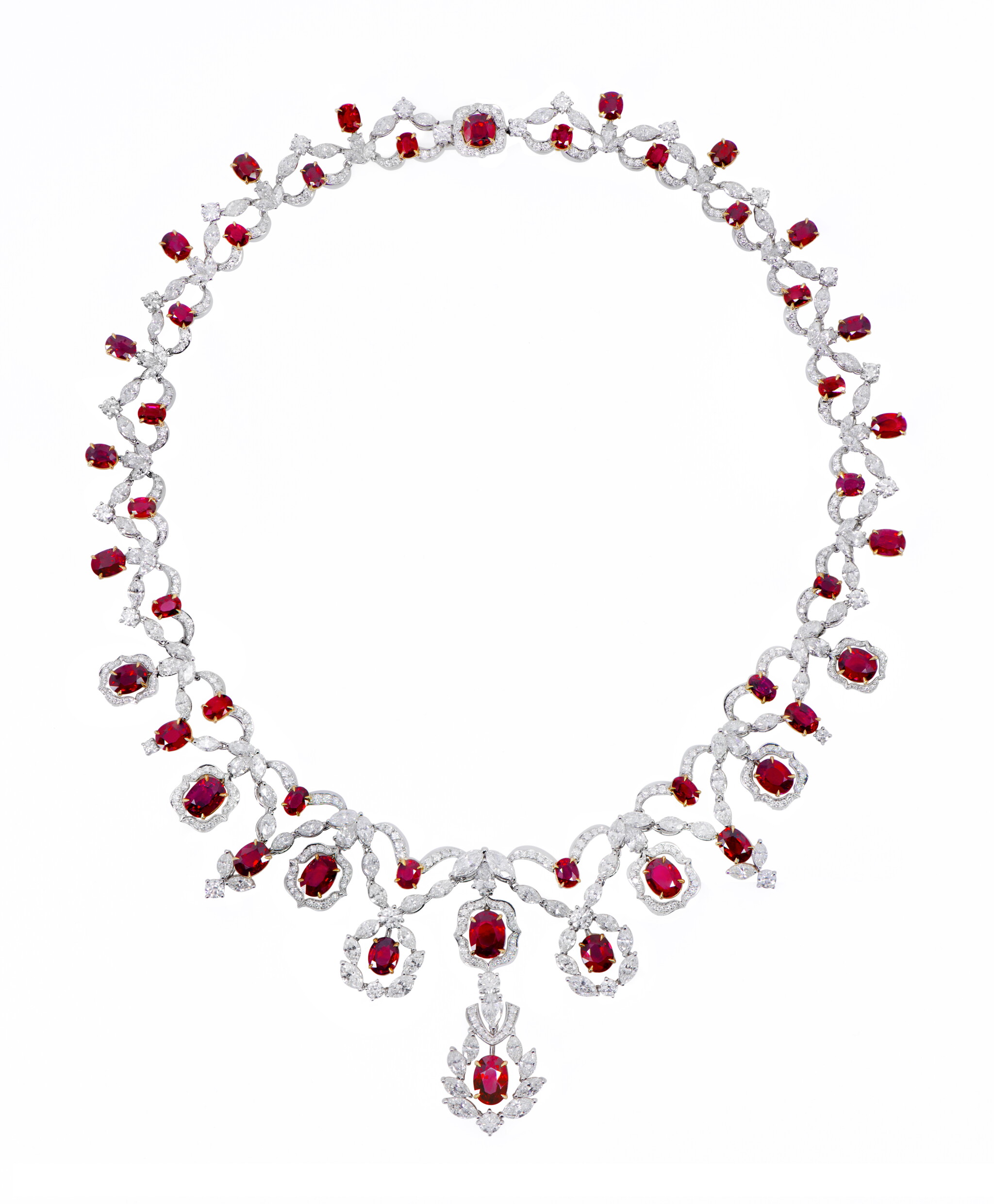Platinum, 43.25ctw Burmese Ruby and Diamond Necklace — view 1