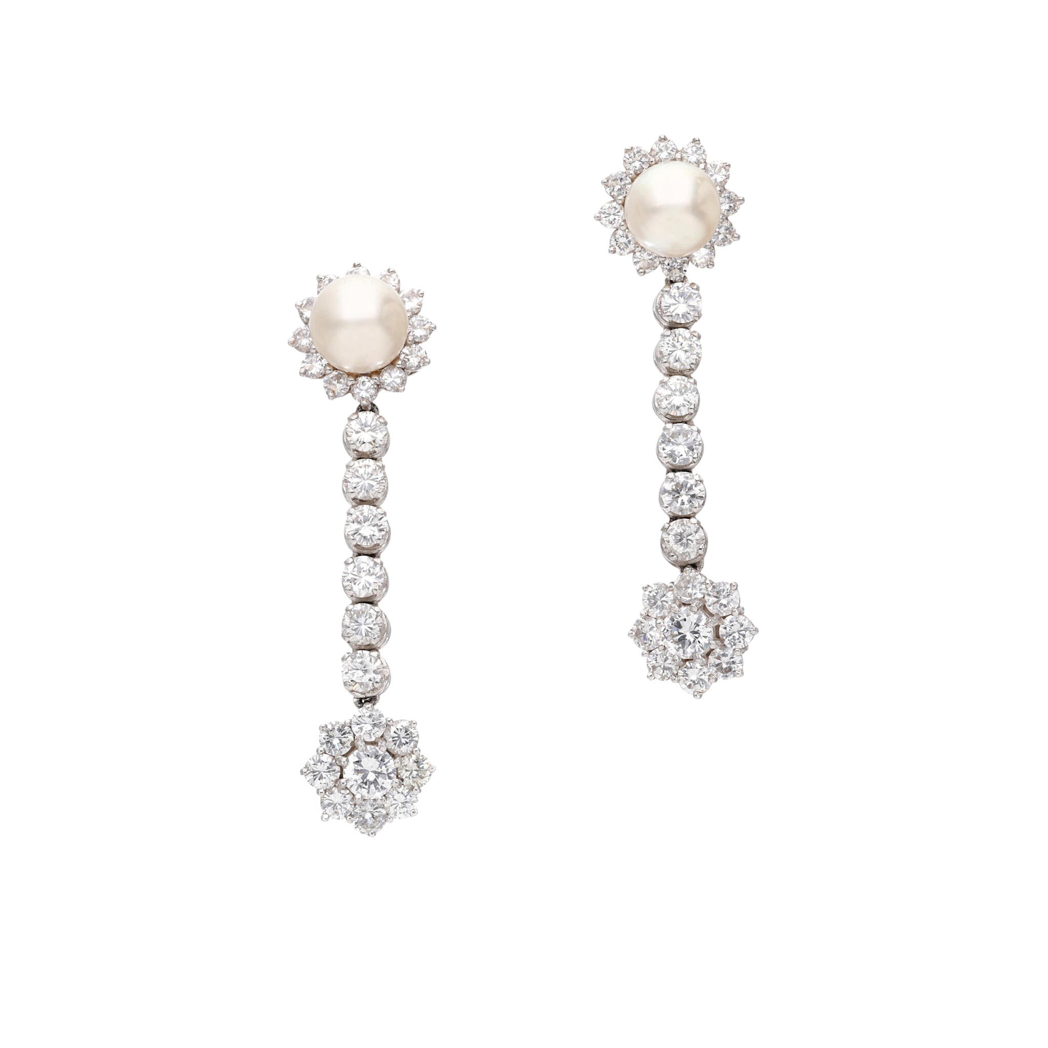 Platinum, Cultured Pearl and Diamond Drop Earrings — view 1