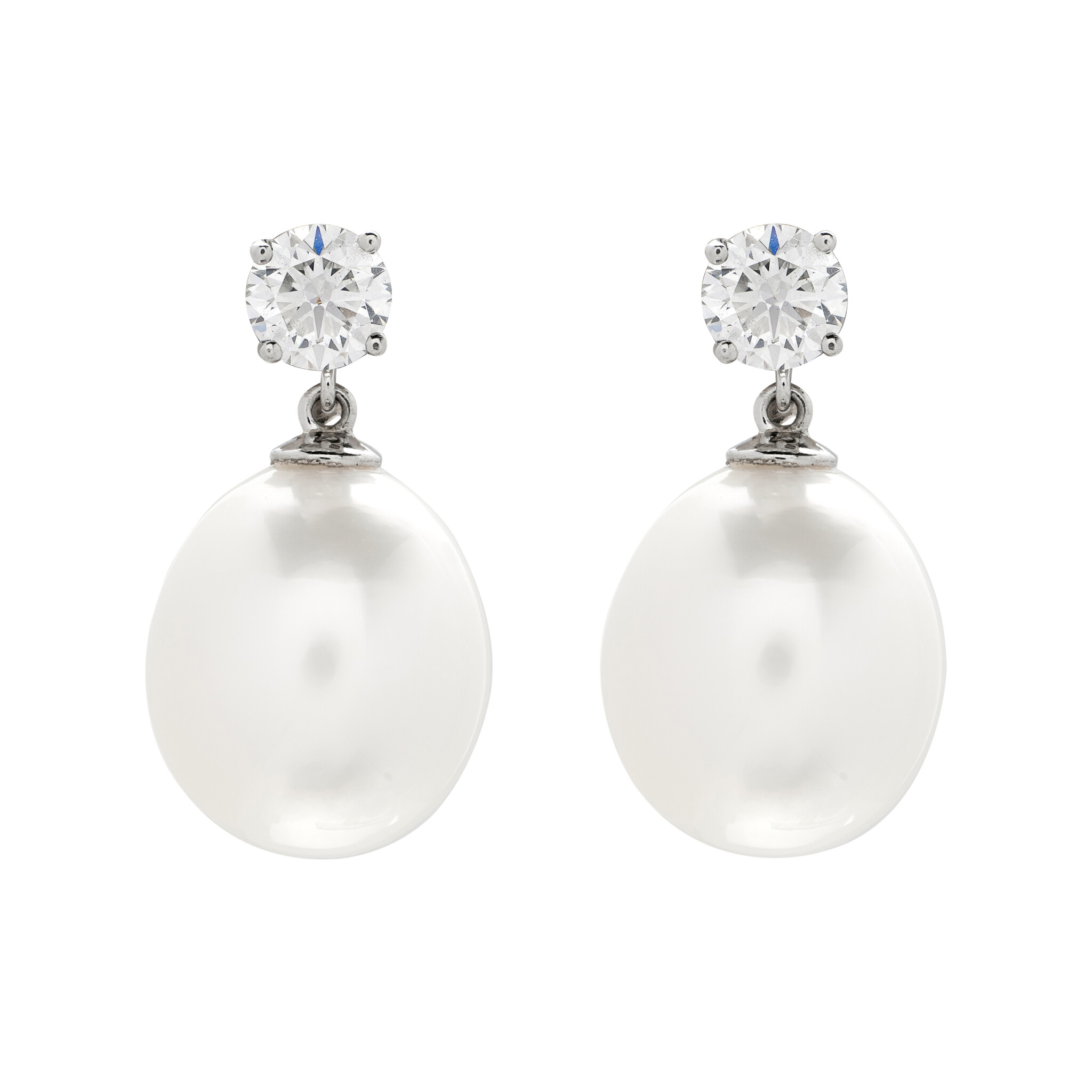 Platinum, Cultured Pearl and Diamond Drop Earrings — view 1