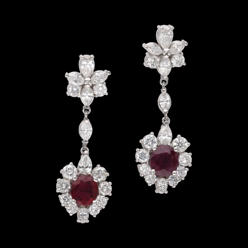 Platinum, Diamond and Ruby Drop Earrings