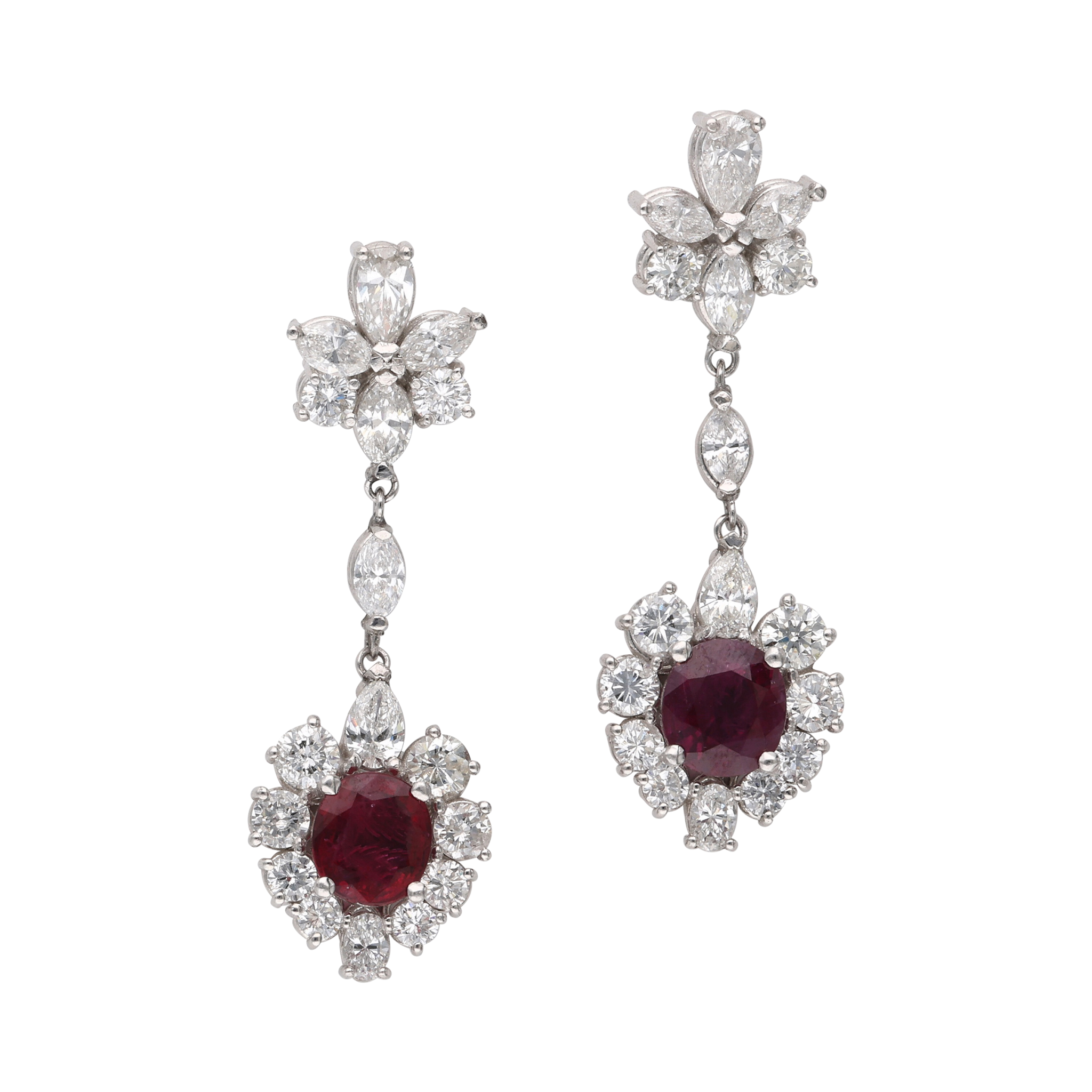 Platinum, Diamond and Ruby Drop Earrings — view 1