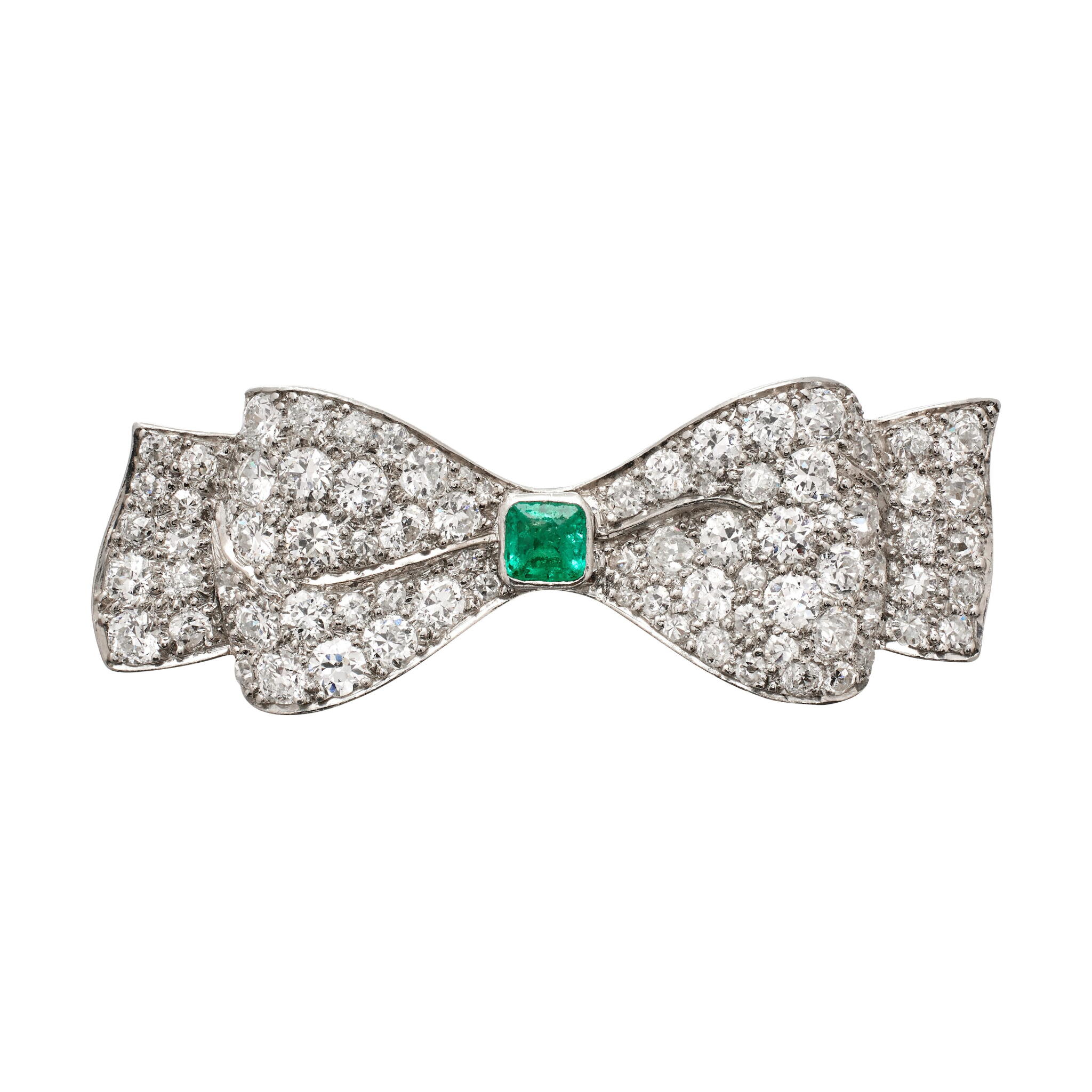 Platinum, Emerald and Diamond Bow Brooch — view 1