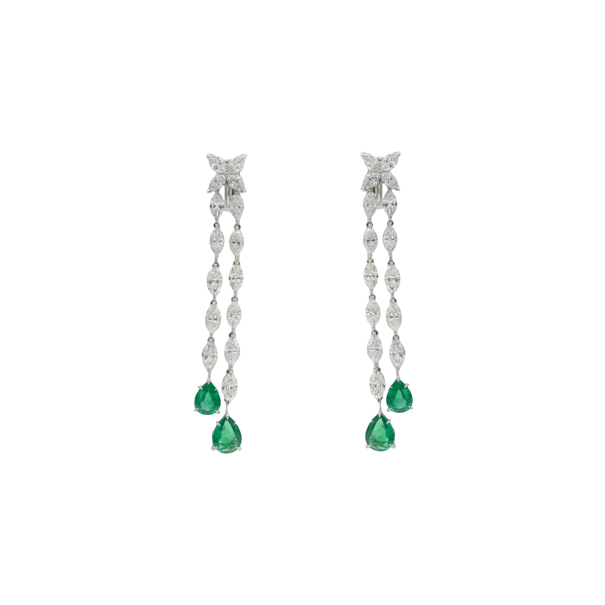 Platinum, Emerald and Diamond Drop Earrings — view 1