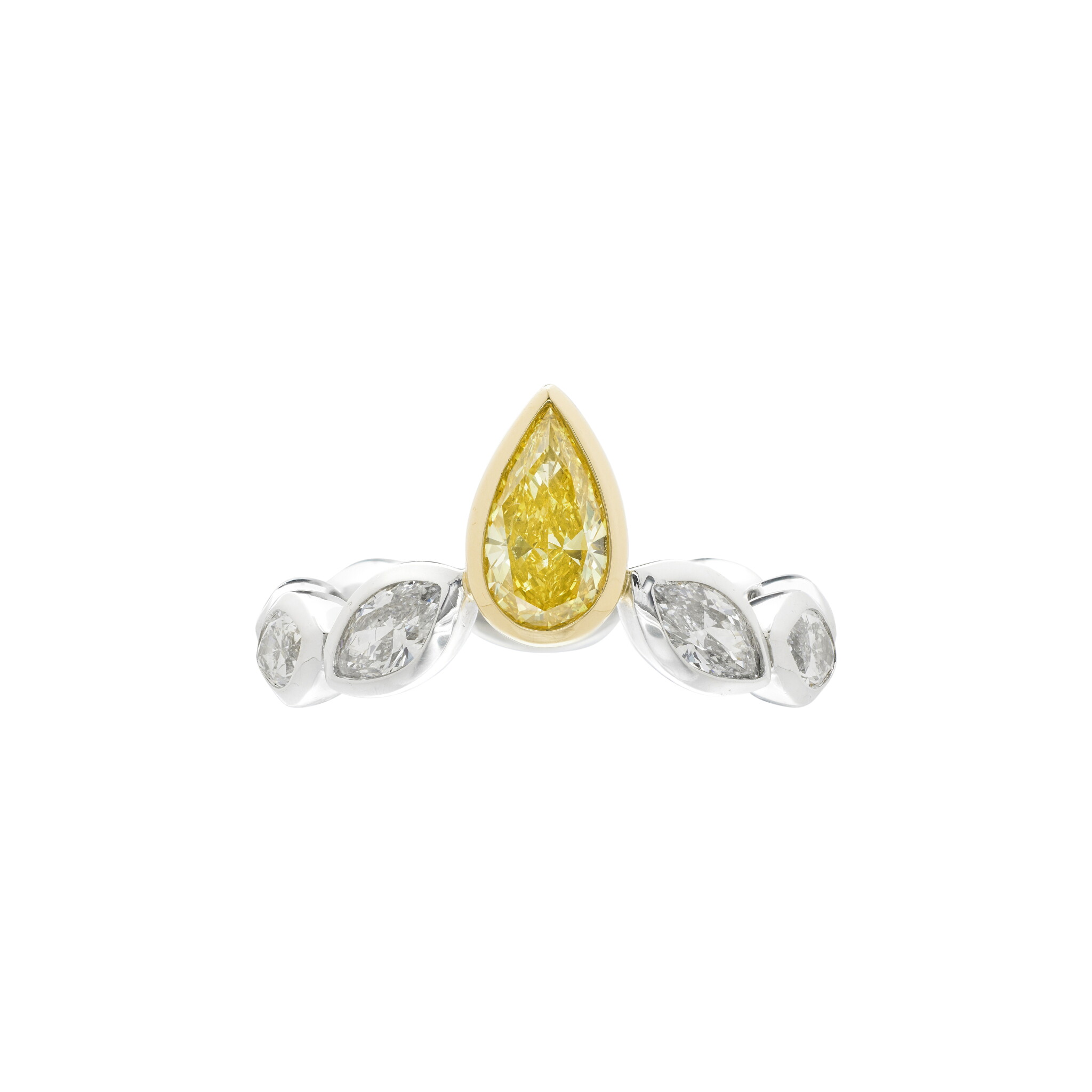 Platinum, Gold, 0.71ct Pear Shape Fancy Vivid Yellow Diamond and Diamond Ring — view 1