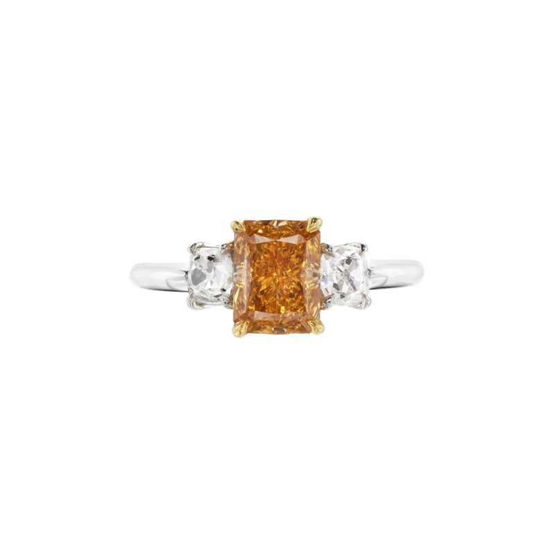 Platinum, Gold, 1.25ct Fancy Intense Yellowish Orange Diamond and Diamond Three Stone Engagement Ring