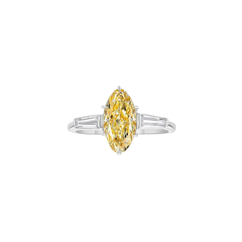 Platinum, Gold, 1.40ct Marquise Cut Fancy Intense Orangy Yellow Diamond and Diamond Engagement Ring