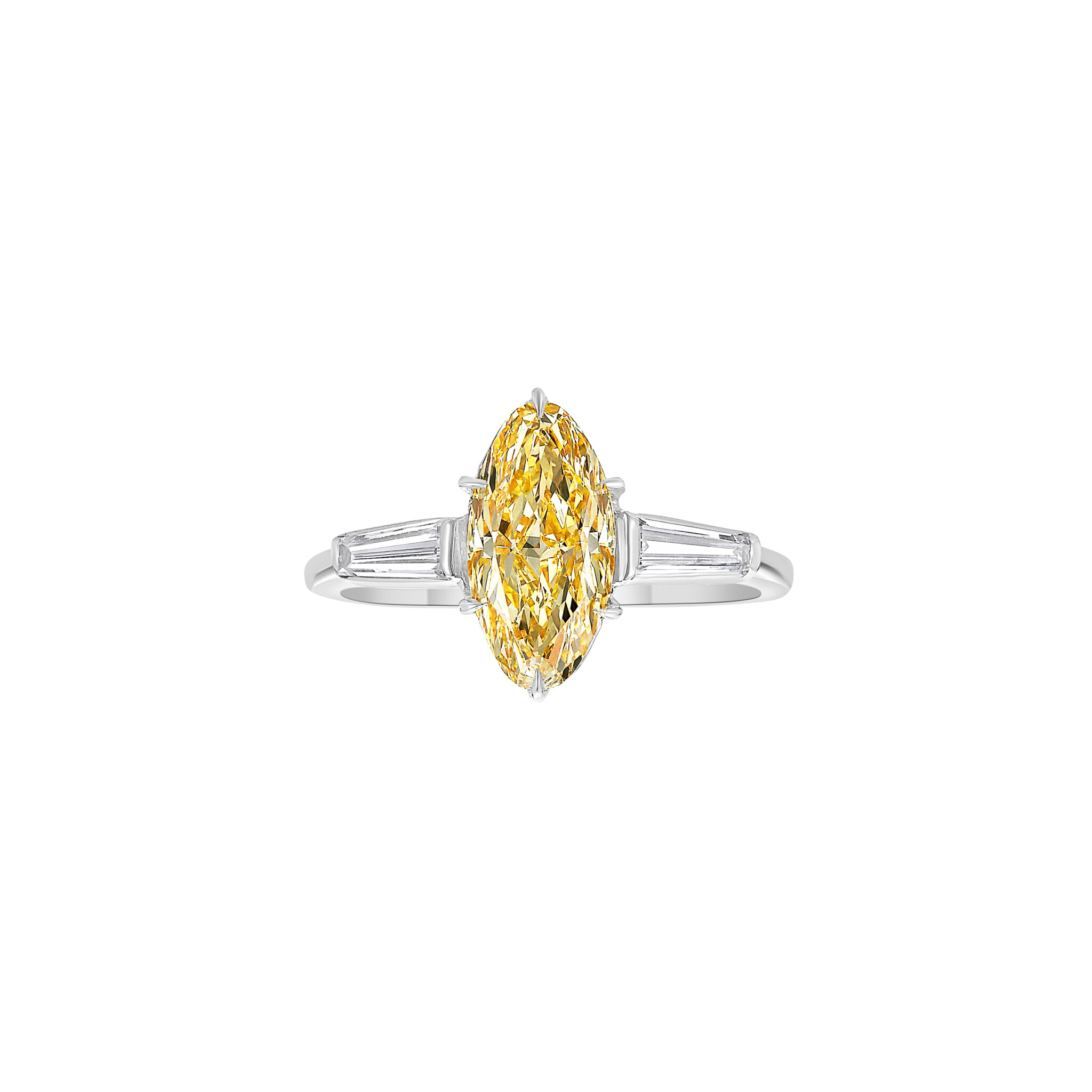 Platinum, Gold, 1.40ct Marquise Cut Fancy Intense Orangy Yellow Diamond and Diamond Engagement Ring — view 1