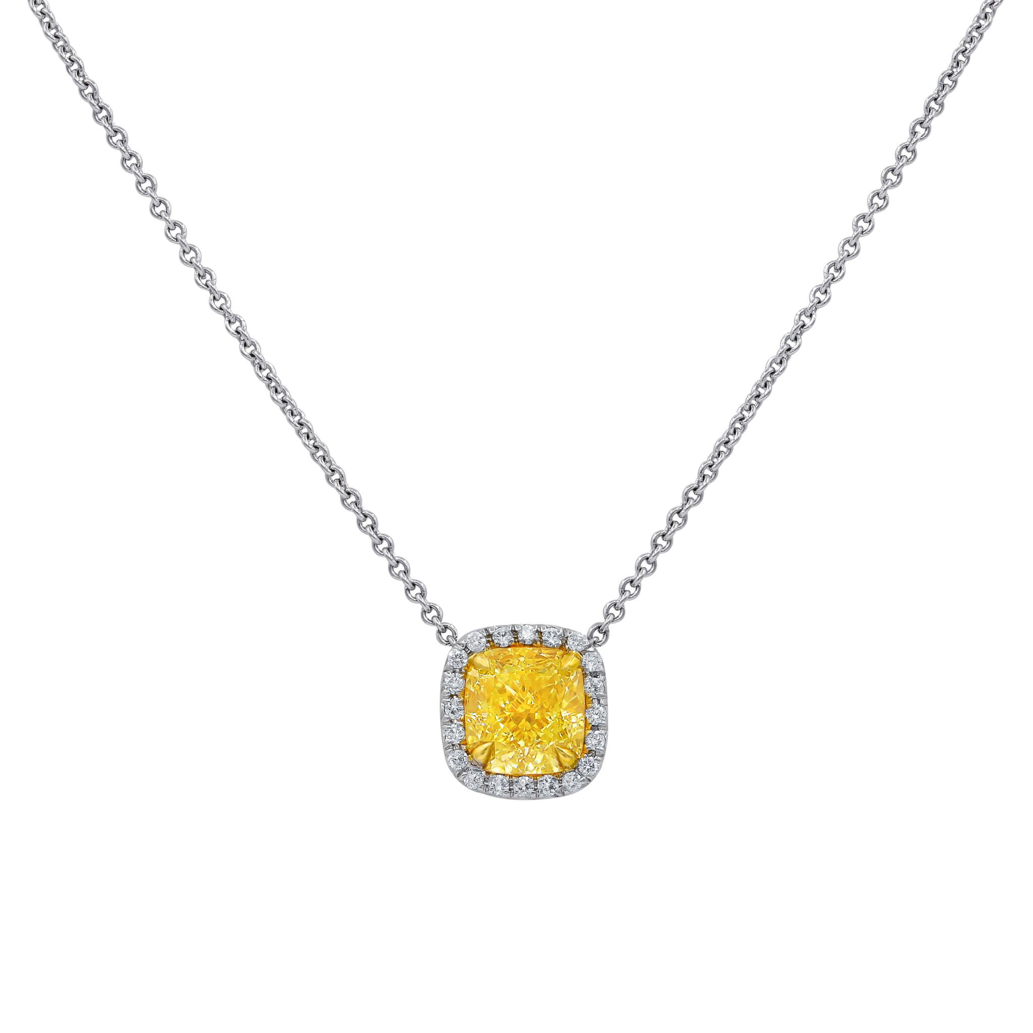 Platinum, Gold, 1.51ct Cushion Cut Fancy Light Yellow Diamond and Diamond Pendant Necklace — view 1