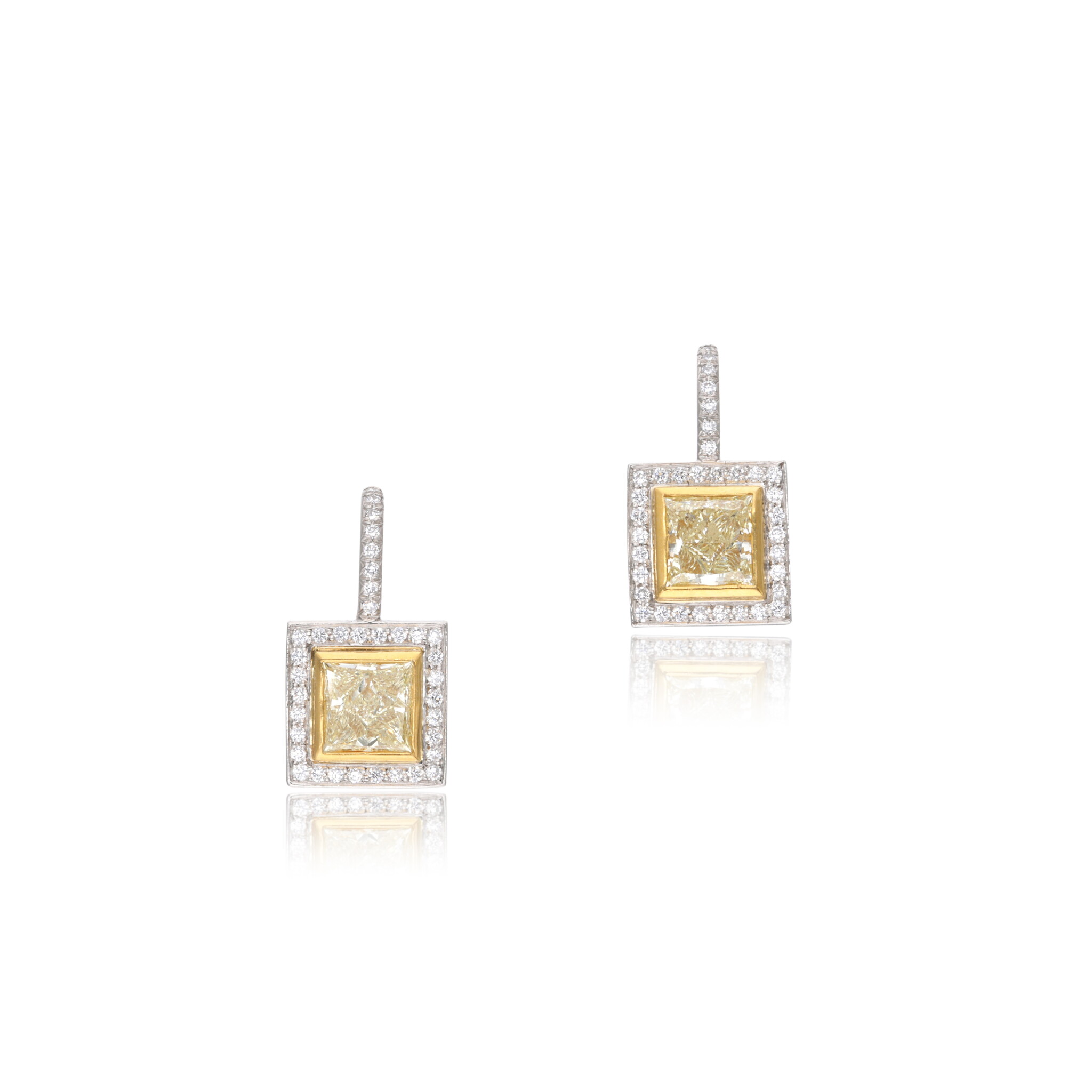 Platinum, Gold, 1.90ct Princess Cut Yellow Diamond and Diamond Earrings — view 1