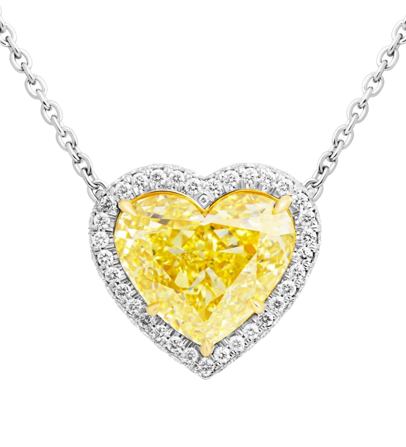 Platinum, Gold, 10.14ct Heart Cut Fancy Yellow Diamond and Diamond Pendant Necklace