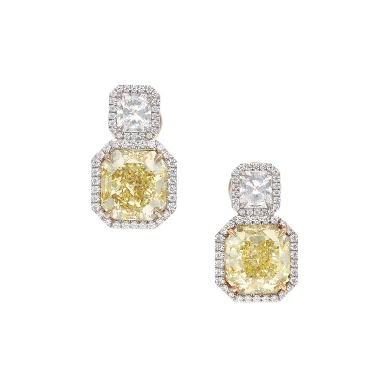 Platinum, Gold, 10.45ctw Fancy Yellow Diamond and Diamond Drop Earrings