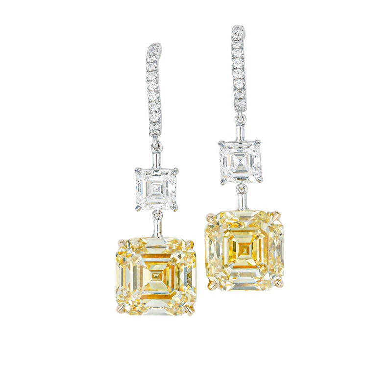 Platinum, Gold, 10.26ctw Asscher Cut Fancy Intense Yellow Diamond, and Diamond Drop Earrings