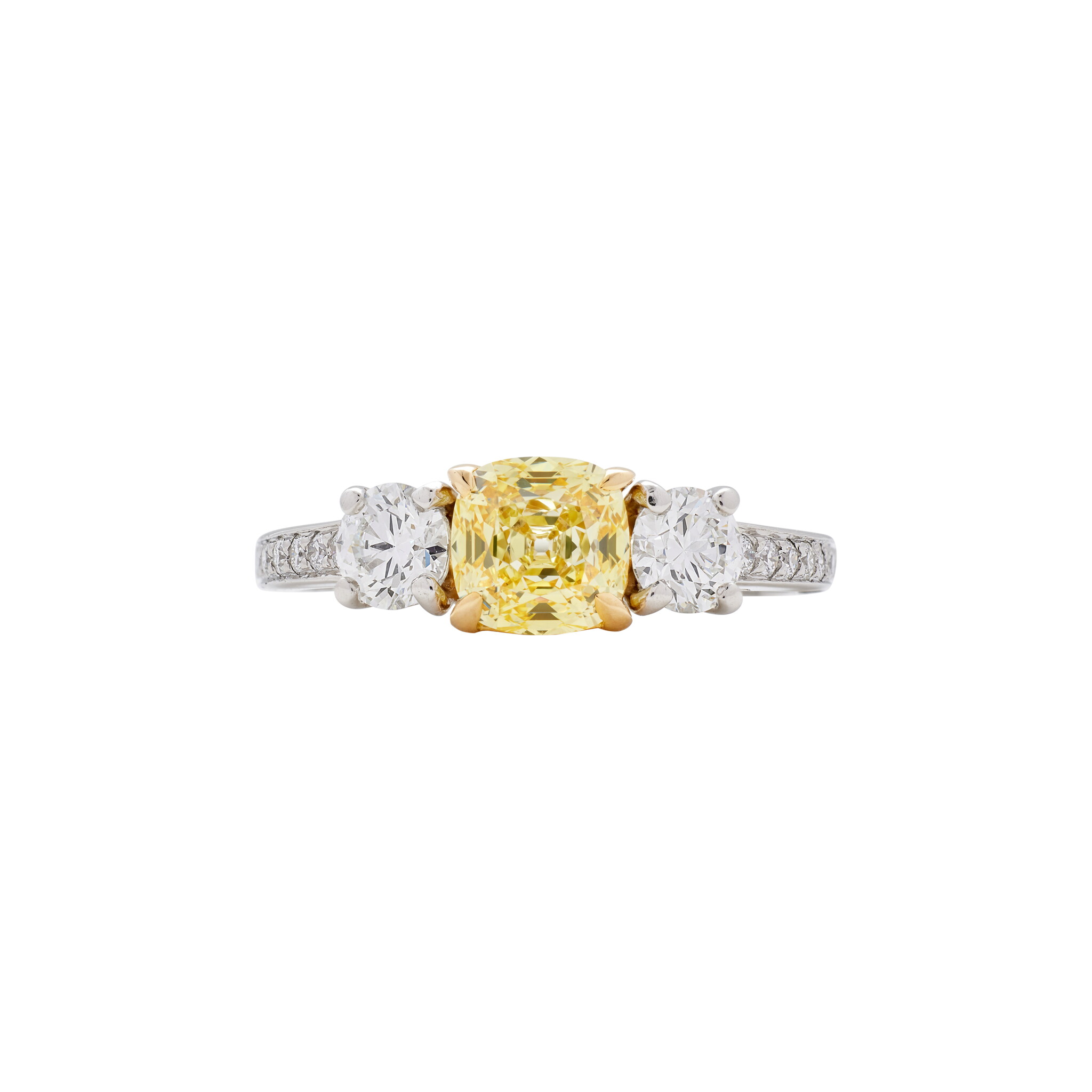 Platinum, Gold, 1.02ct Fancy Yellow Diamond and Diamond Threestone Ring — view 1