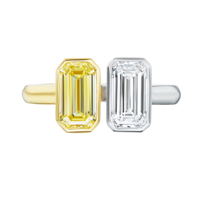 Platinum, Gold, 1.03ct Diamond and 1.03ct Fancy Intense Yellow Diamond Toi et Moi Ring