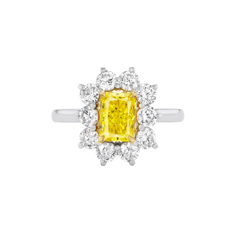 Platinum, Gold, 1.23ct Radiant Cut Fancy Vivid Yellow Diamond and Diamond Engagement Ring