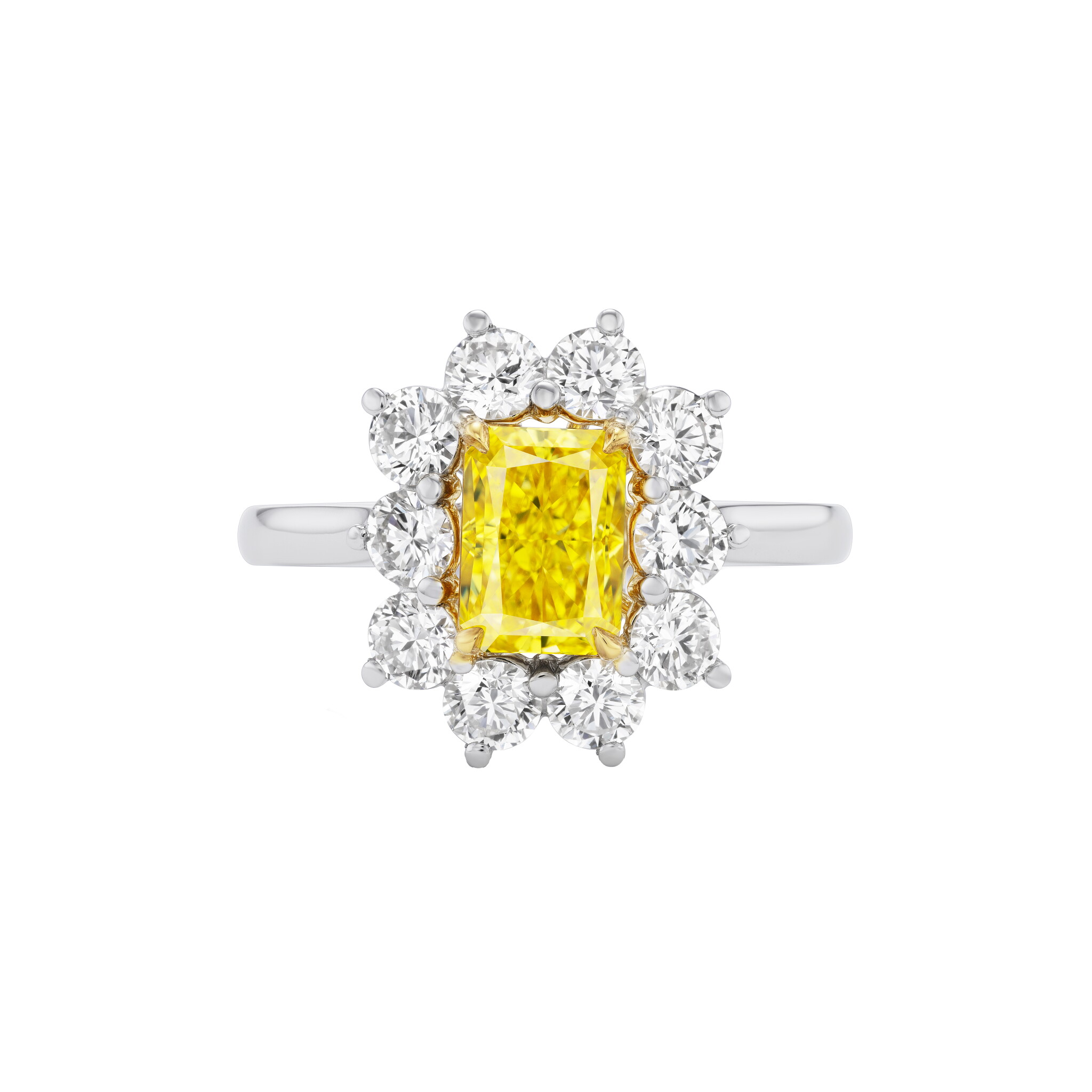 Platinum, Gold, 1.23ct Radiant Cut Fancy Vivid Yellow Diamond and Diamond Engagement Ring — view 1