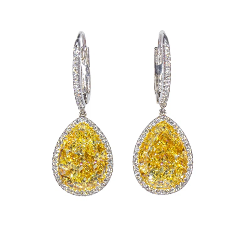 Platinum, Gold, 12.75ctw Pear Shape Fancy Yellow Diamond and Diamond Drop Earrings