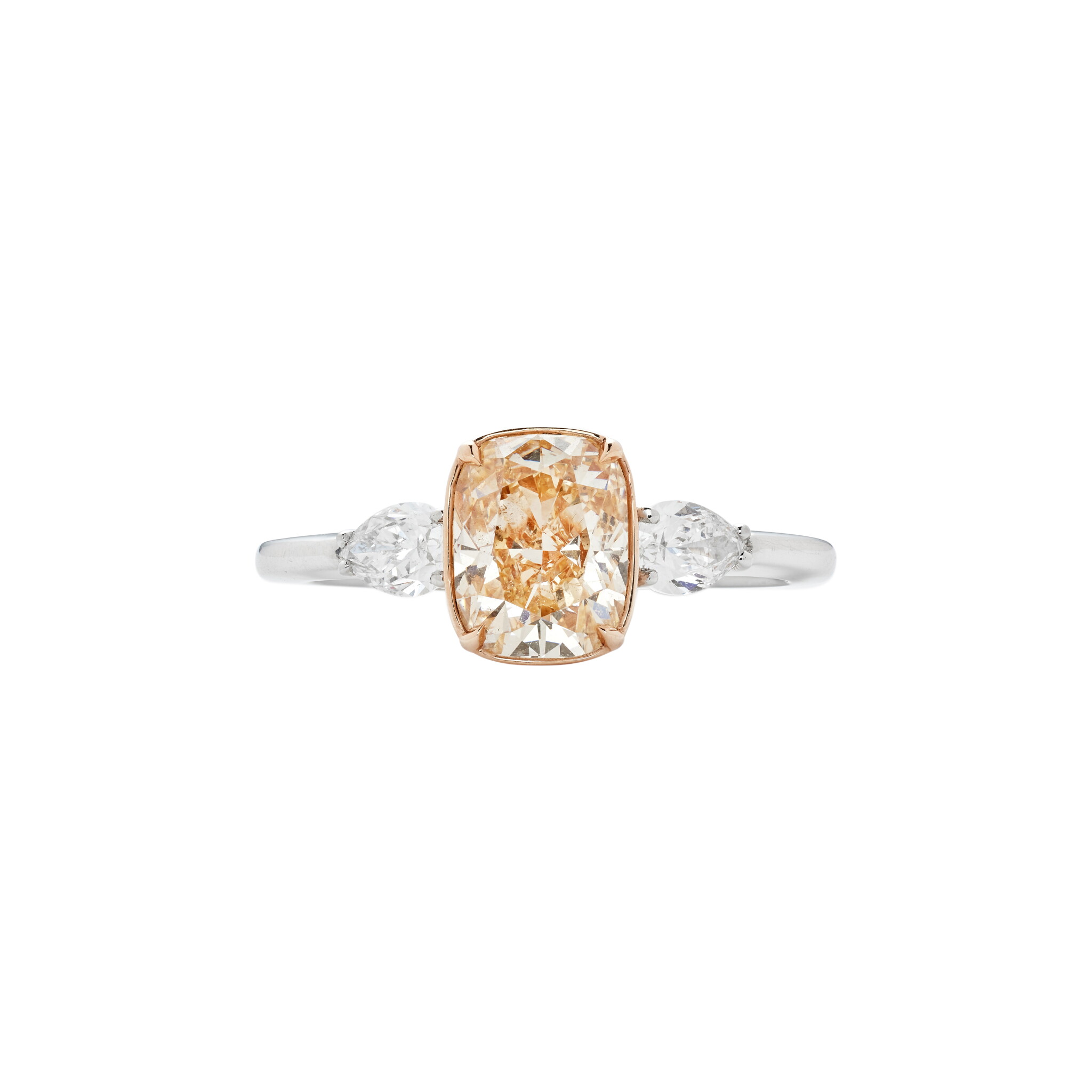 Platinum, Rose Gold, 1.50ct Cushion Cut Fancy Yellow-Orange Diamond and Diamond Engagement Ring — view 1