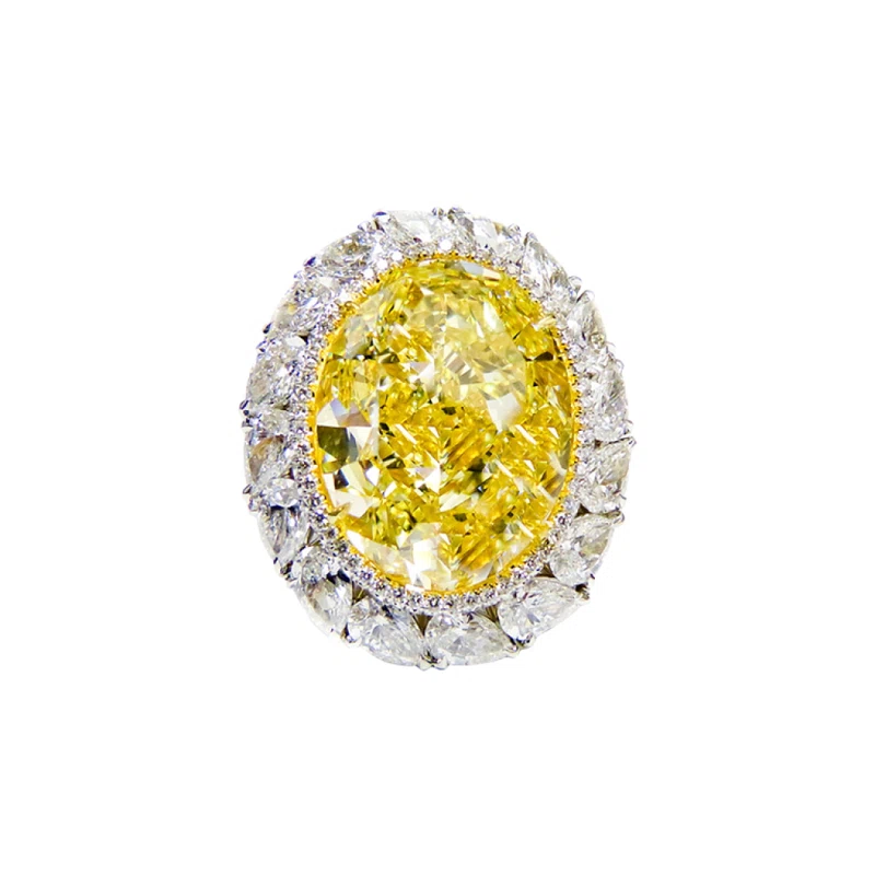 Platinum, Gold, 16.30ct Oval Cut Fancy Intense Yellow Diamond and Diamond Engagement Ring