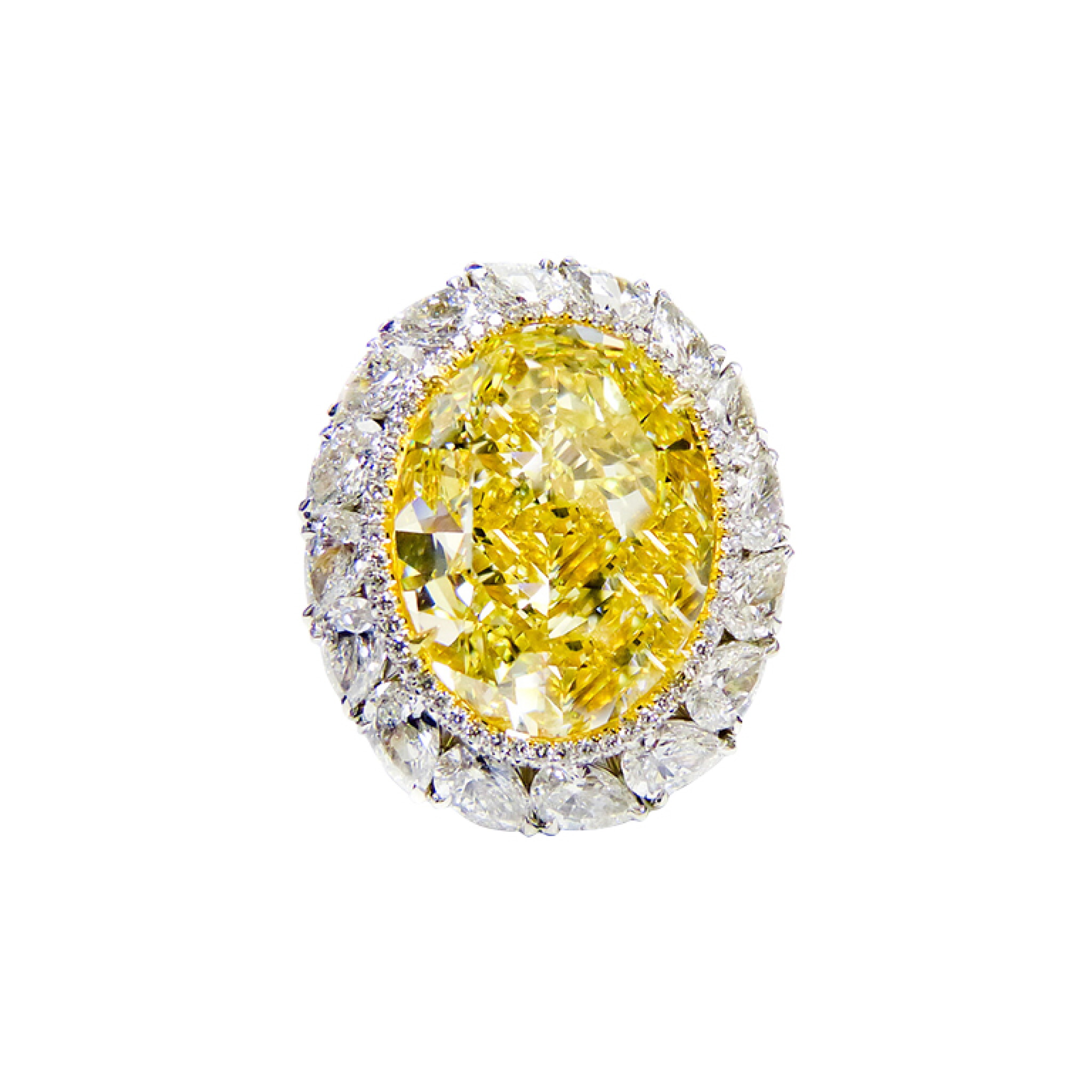 Platinum, Gold, 16.30ct Oval Cut Fancy Intense Yellow Diamond and Diamond Engagement Ring — view 1
