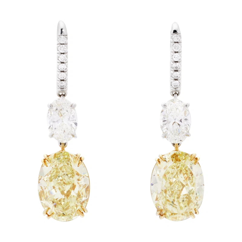 Platinum, Gold, 16.83ctw Oval Cut Fancy Yellow Diamond and Diamond Drop Earrings