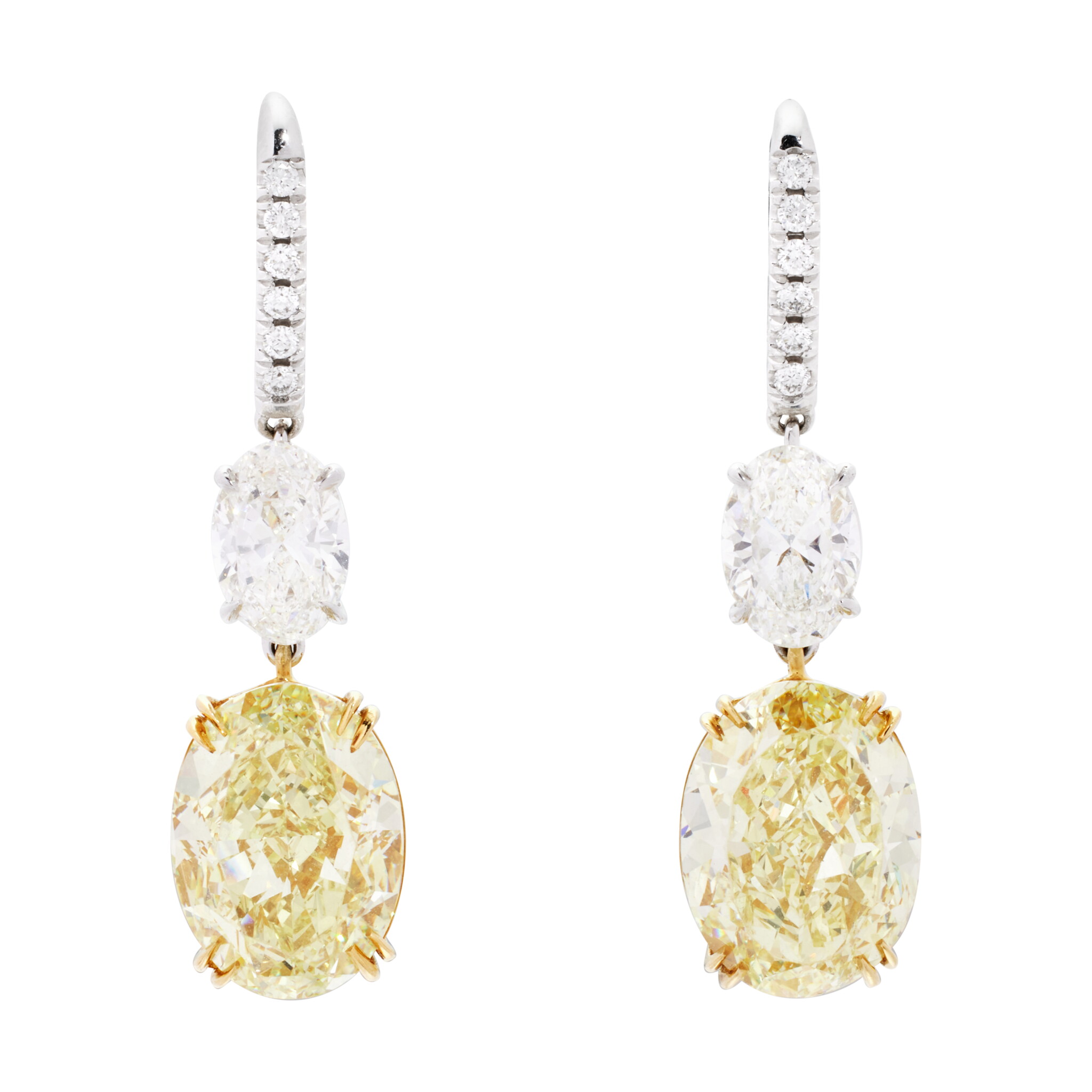 Platinum, Gold, 16.83ctw Oval Cut Fancy Yellow Diamond and Diamond Drop Earrings — view 1