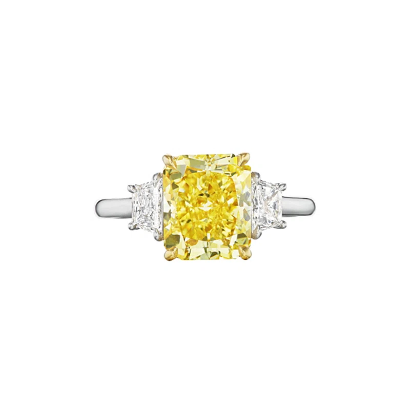 Platinum, Gold, 2.17ct Fancy Yellow Radiant Cut Diamond and Diamond Three Stone Engagement Ring