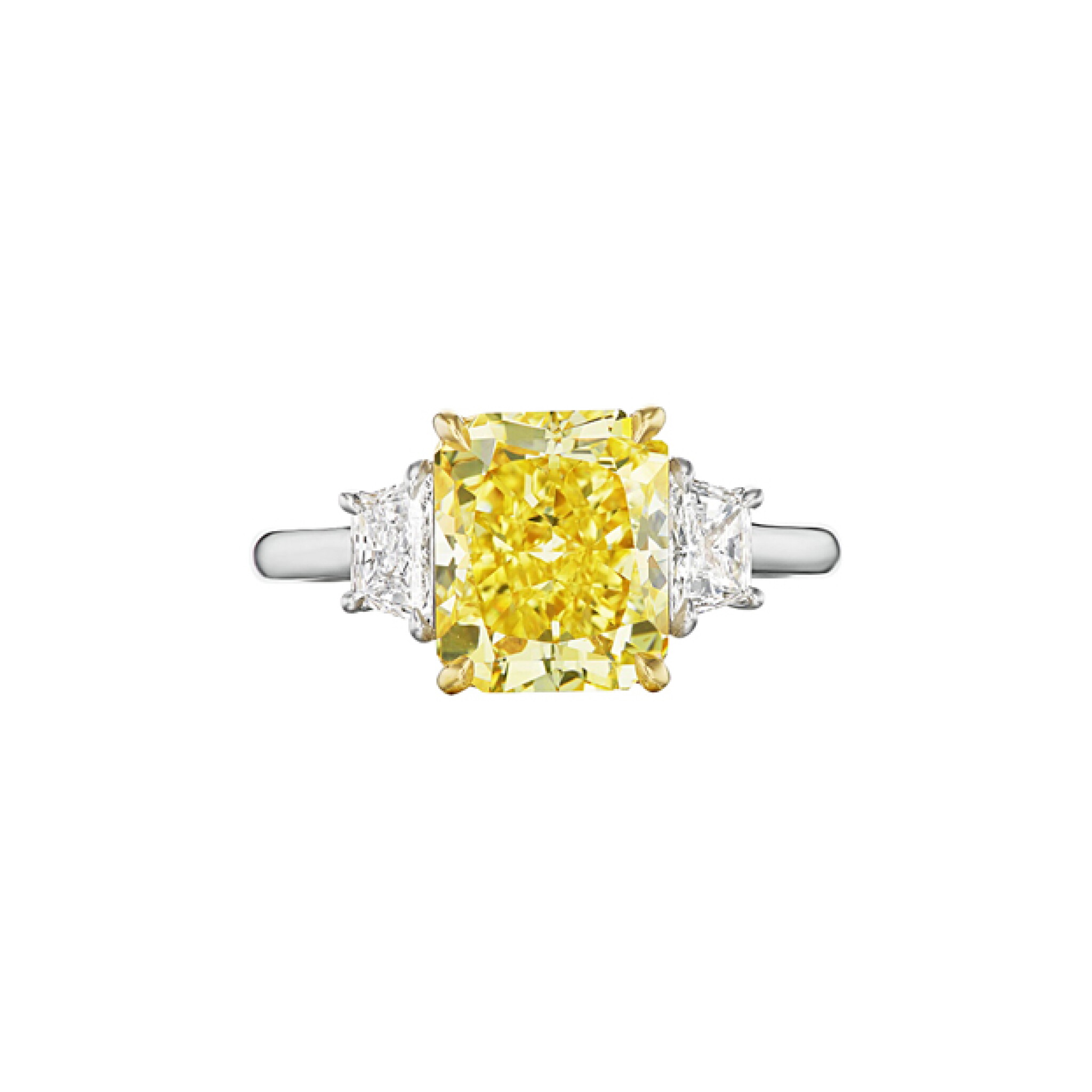 Platinum, Gold, 2.17ct Fancy Yellow Radiant Cut Diamond and Diamond Three Stone Engagement Ring — view 1