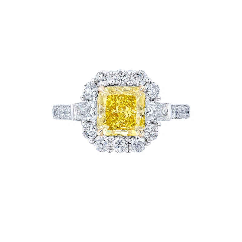 Platinum, Gold, 2.38ct Radiant Cut Fancy Vivid Yellow Diamond and Diamond Engagement Ring